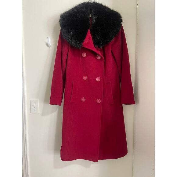 Womens Red Perry Ellis Double Breasted Wool Coat Size 6 Black Fur Collar Jacket